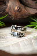 Bague runique avec têtes de loup, bronze argenté