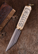 Small Norse viking seax with decorated bone grip, semi-sharp
