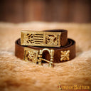 Medieval leather belt with brass fittings, brown
