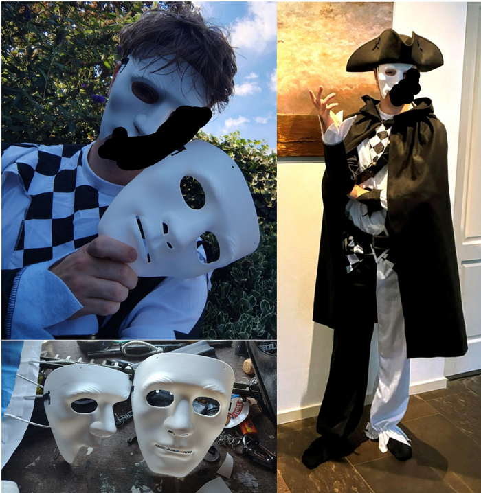 Zwart-witte Harlekijn-outfit met steekhoed, mantel en halfmasker, geïnspireerd op het Venetiaanse carnaval
