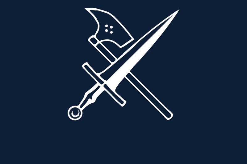 Een tekening van een zwaard en een bijl