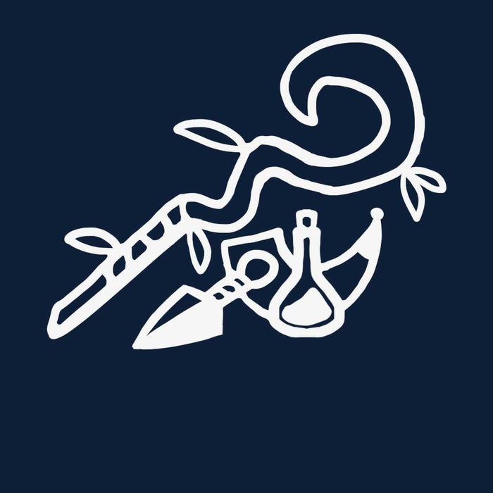 Een tekening van een wandelstok, roephoorn, werpmes en toverdrankfles.