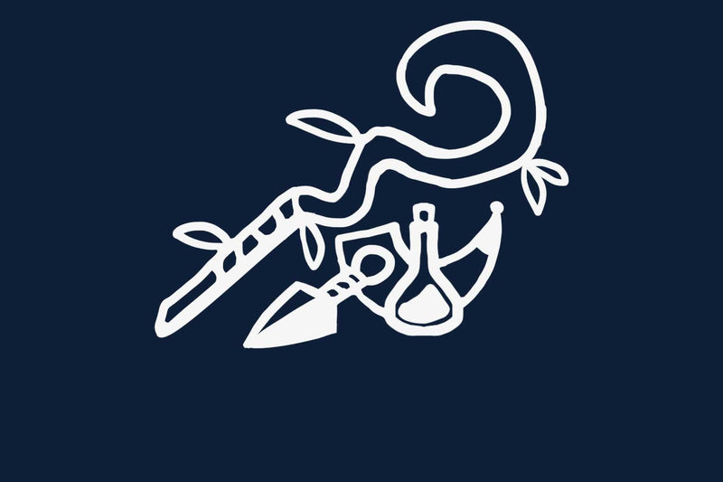 Een tekening van een wandelstok, roephoorn, werpmes en toverdrankfles.