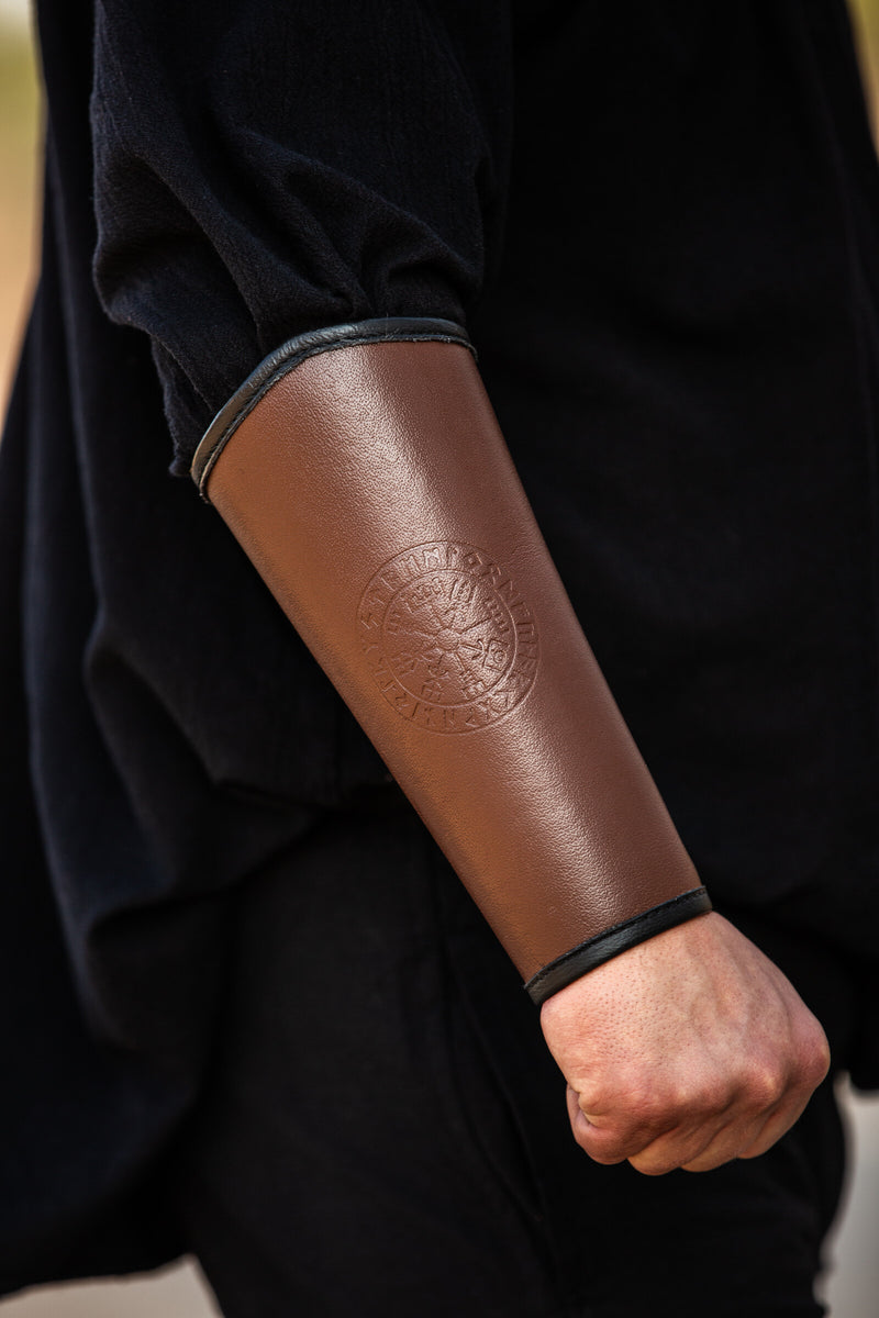 Vegvisir leather bracers, underarm guards, brown