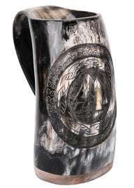 Horn beer mug with Valknut motif on the front