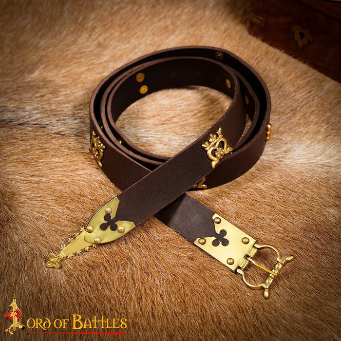 Middeleeuwse leren riem met messing beslag (14e-15e eeuw), cognac bruin