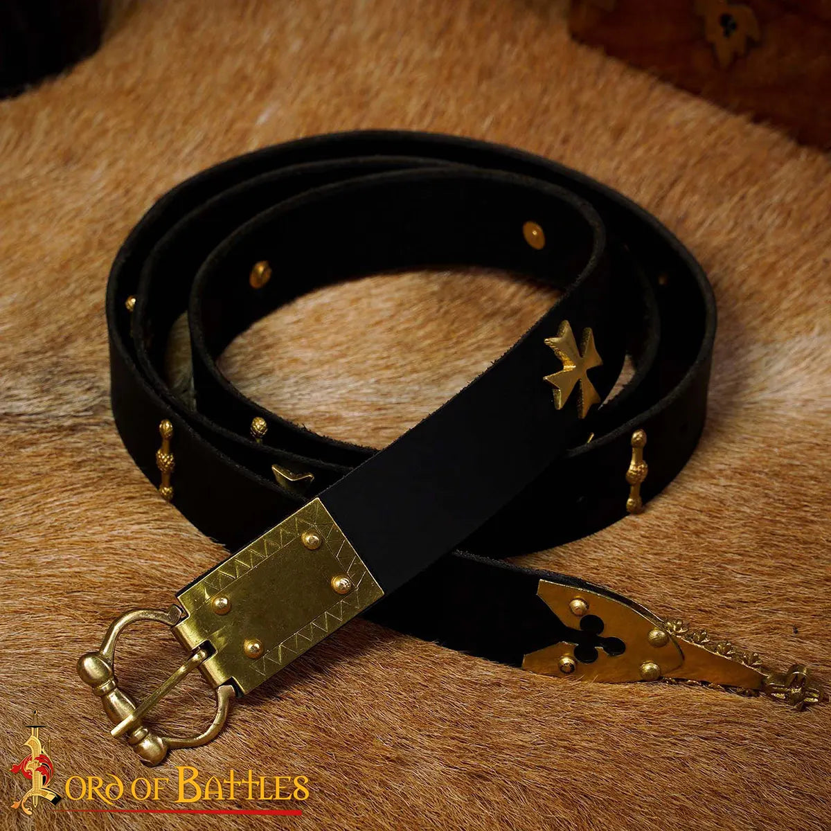 Medieval learning belt with brass batter, black
