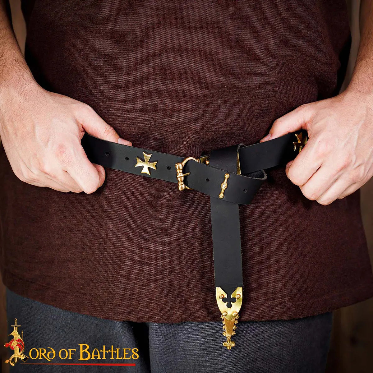 Medieval learning belt with brass batter, black
