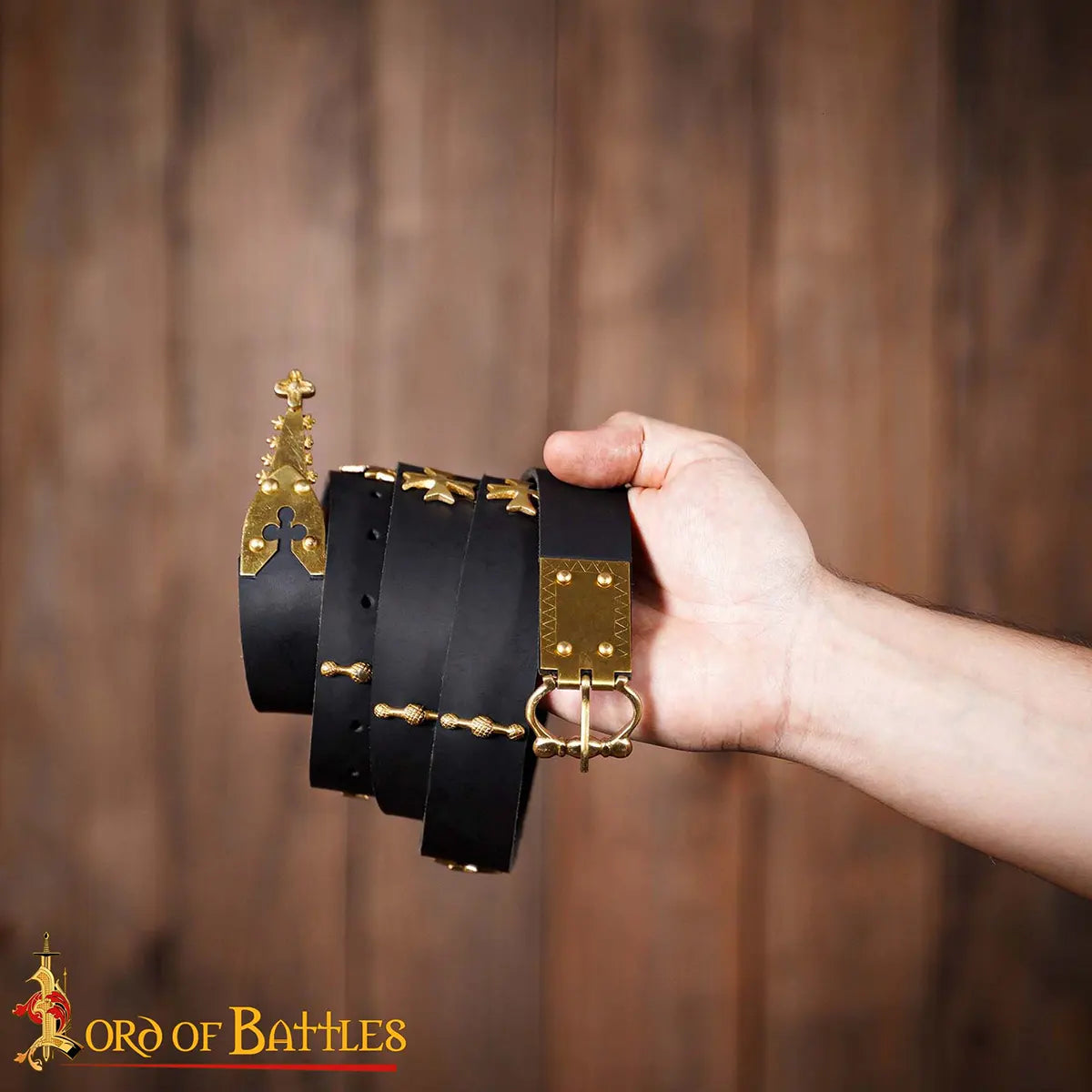Medieval learning belt with brass batter, black