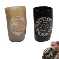 Viking horn cup set with Valknut engraving, set of 2