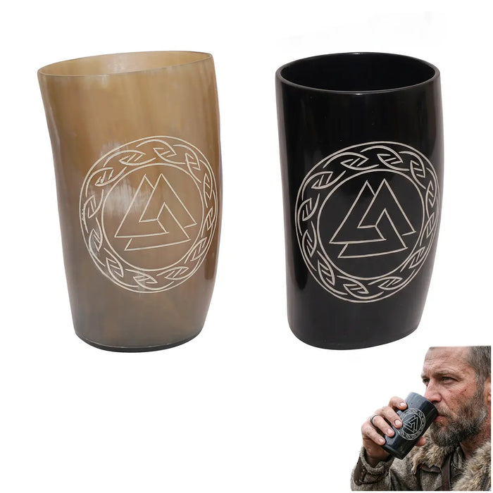 Viking horn cup set with Valknut engraving, set of 2