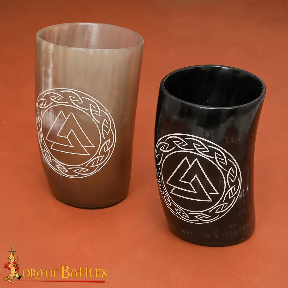 Viking horn cup set with Valknut engraving, set of 2