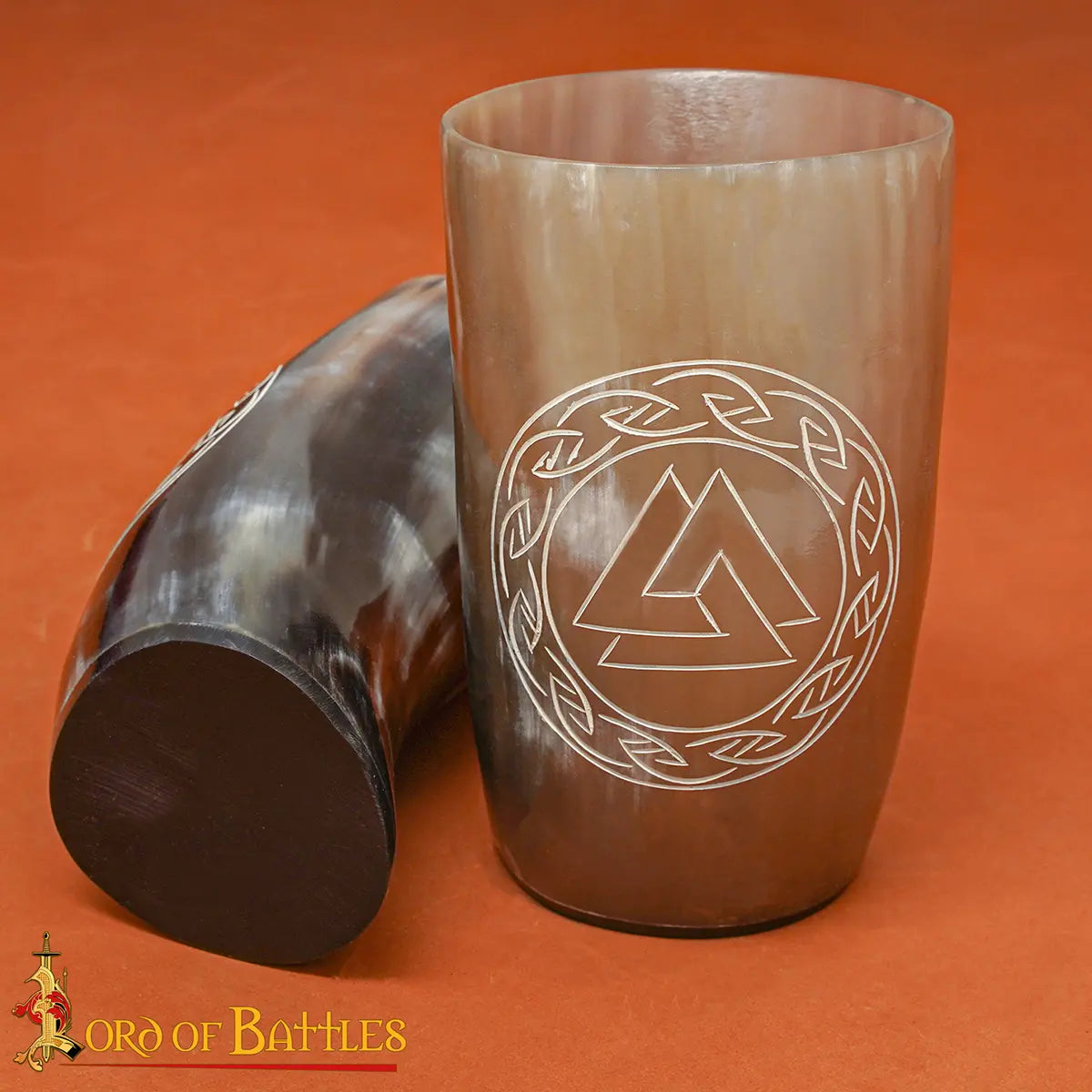 Viking horn cup set with Valknut engraving, set of 2