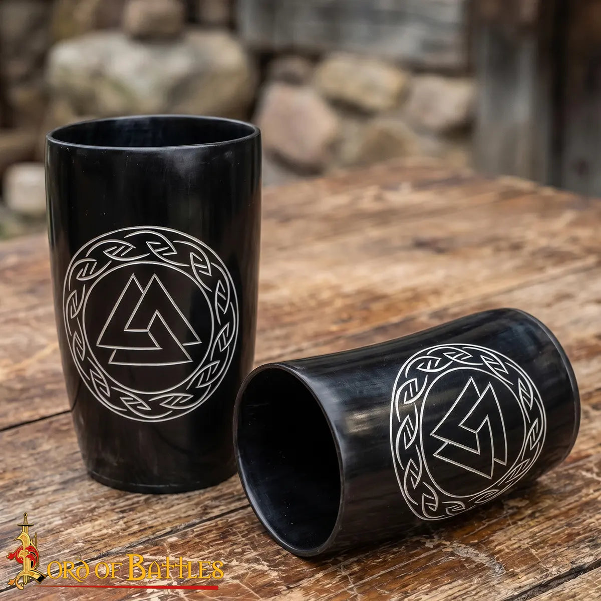 Viking horn cup set with Valknut engraving, set of 2