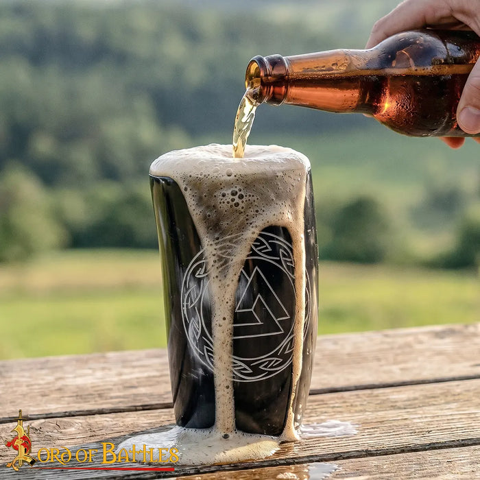 Viking horn cup set with Valknut engraving, set of 2