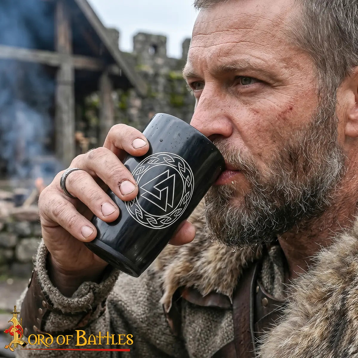 Viking horn cup set with Valknut engraving, set of 2