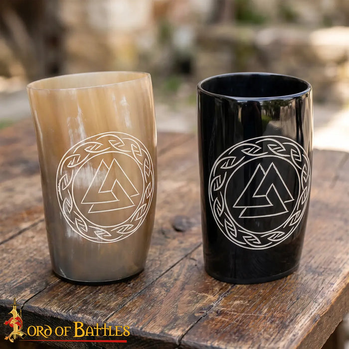 Viking horn cup set with Valknut engraving, set of 2