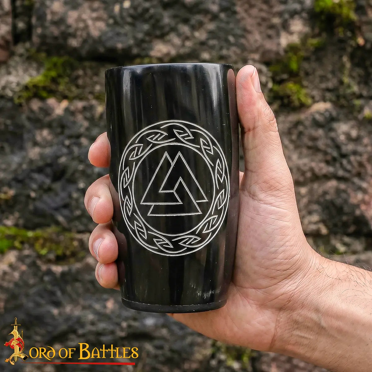 Viking horn cup set with Valknut engraving, set of 2