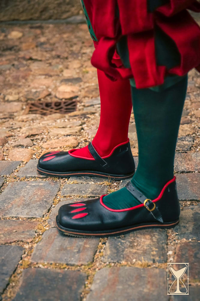 Landsknechtschoenen, breedbek schoenen, zwart-rood