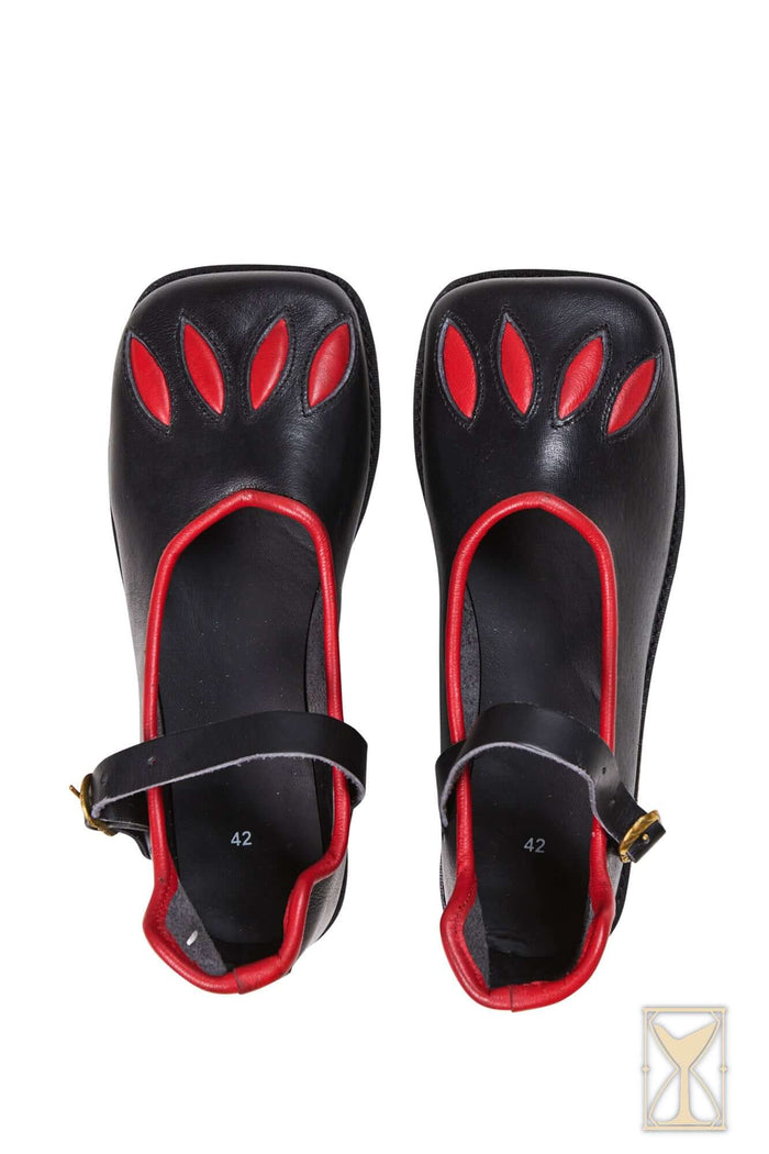 Landsknechtschoenen, breedbek schoenen, zwart-rood