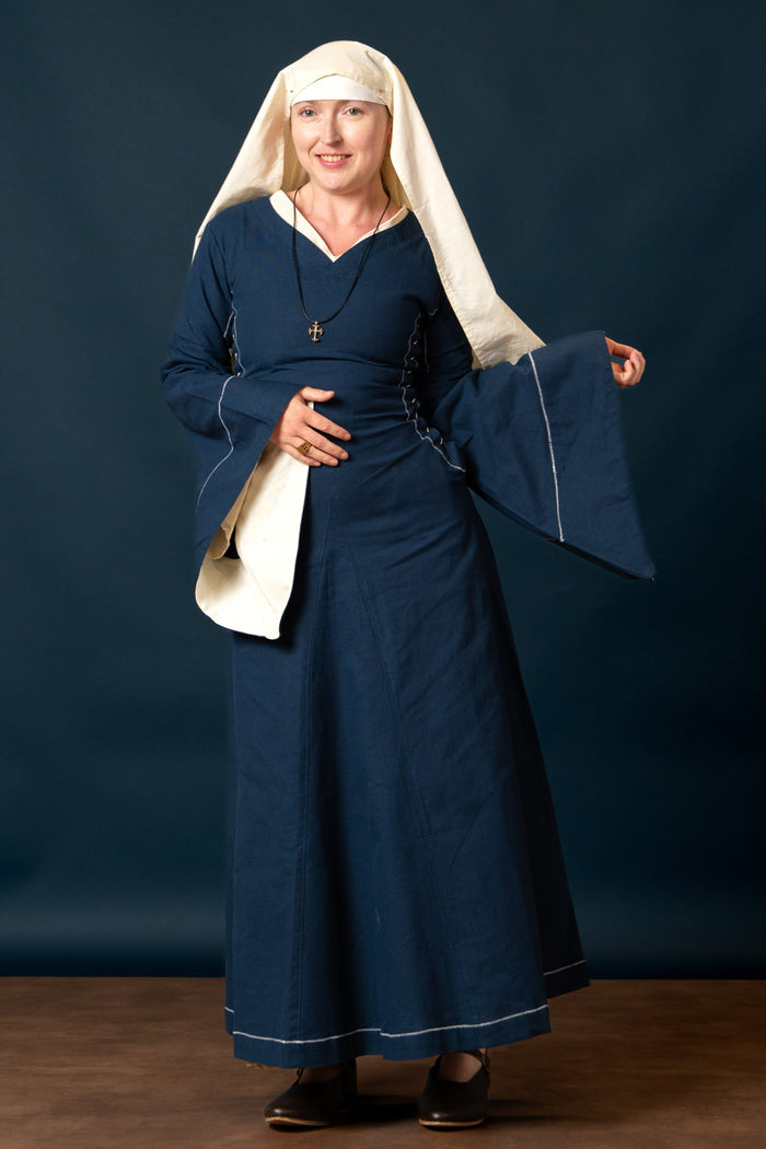 Bliaut medieval Amal, azul e branco