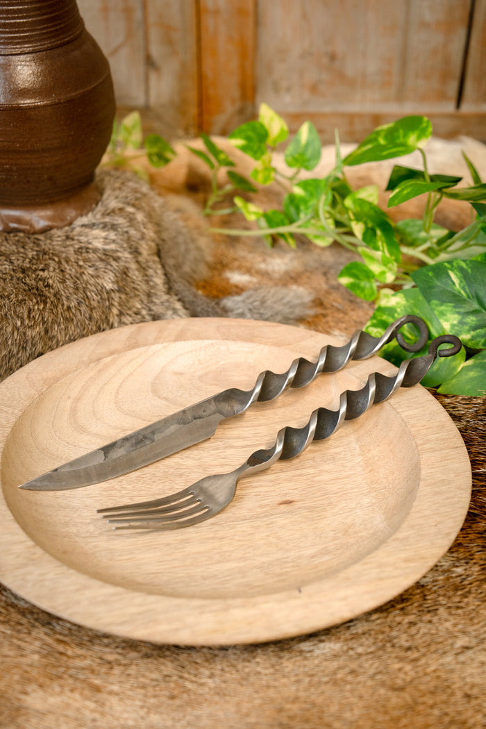 Mes en vork met gedraaide grip, roestvrij staal