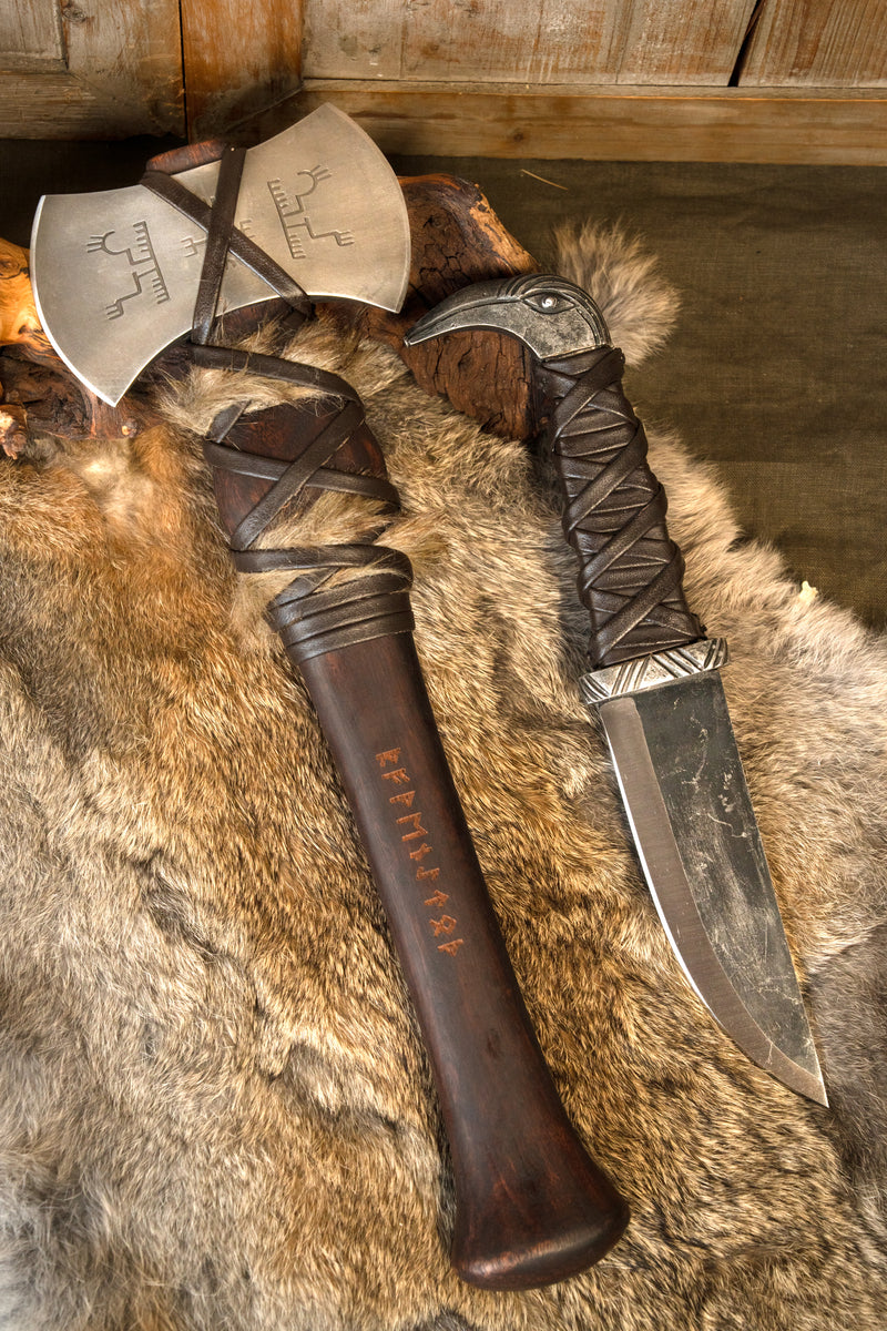 Set Wikinger Axt und Messer, halb scharf