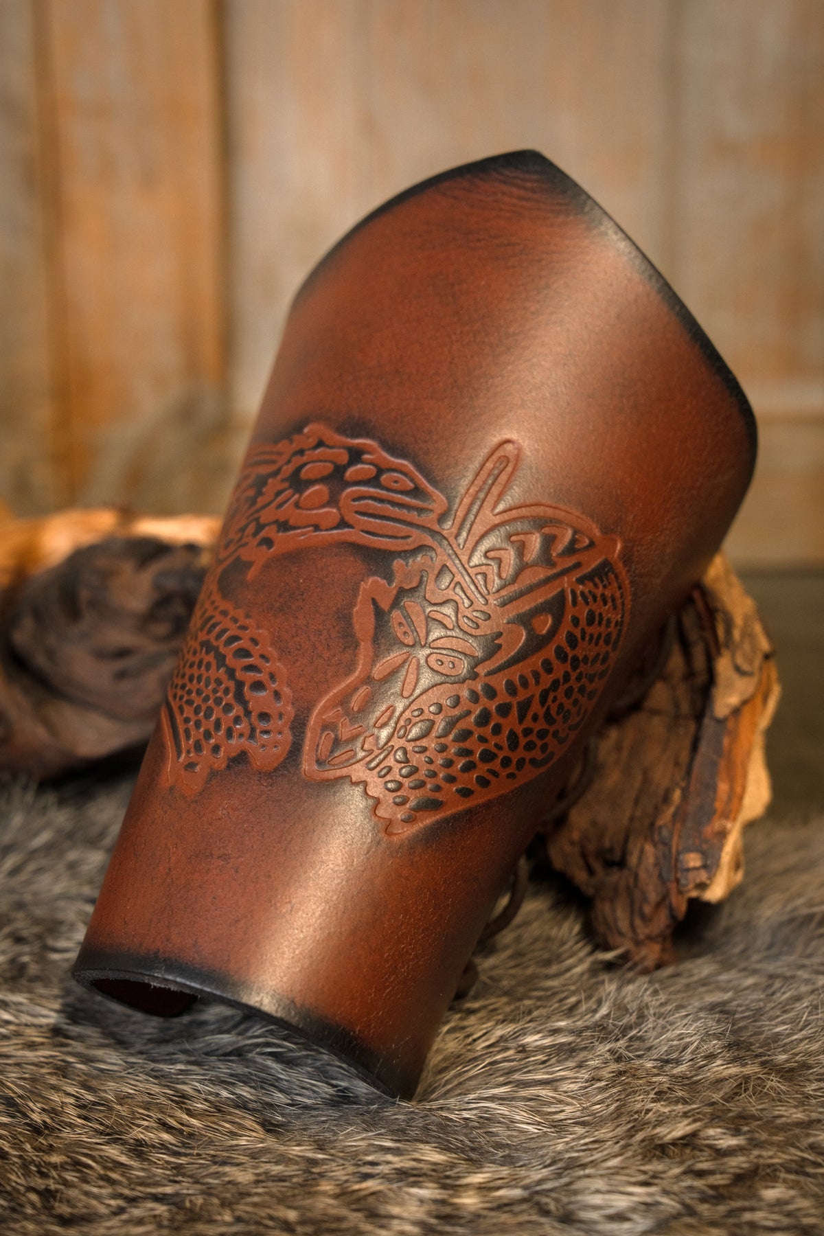 Leather bracers with dragon, underarm guards, brown
