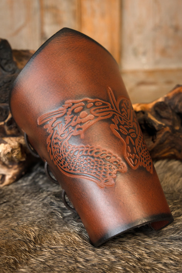 Leather bracers with dragon, underarm guards, brown