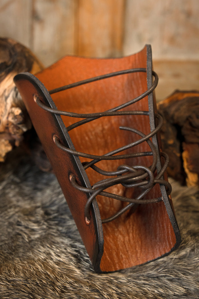 Leather bracers with dragon, underarm guards, brown