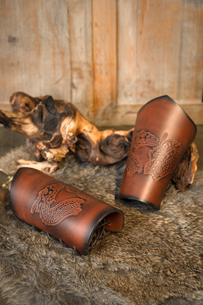 Leather bracers with dragon, underarm guards, brown