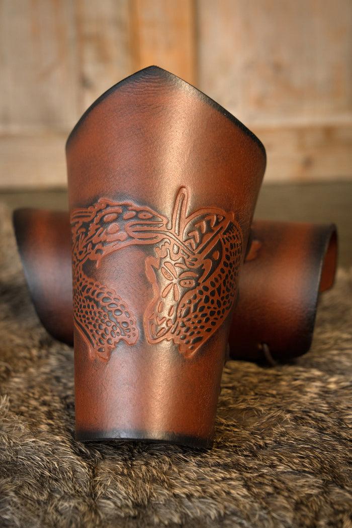 Leather bracers with dragon, underarm guards, brown