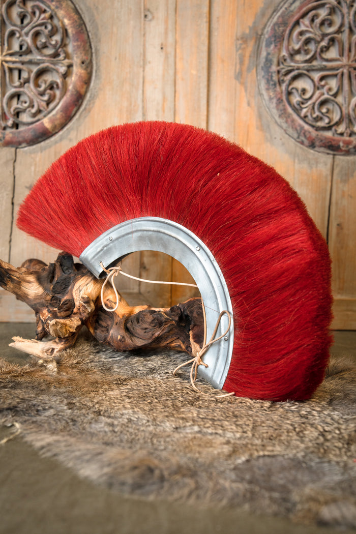 Rzymski grzebień do hełmu, czerwony, metalowa podstawa