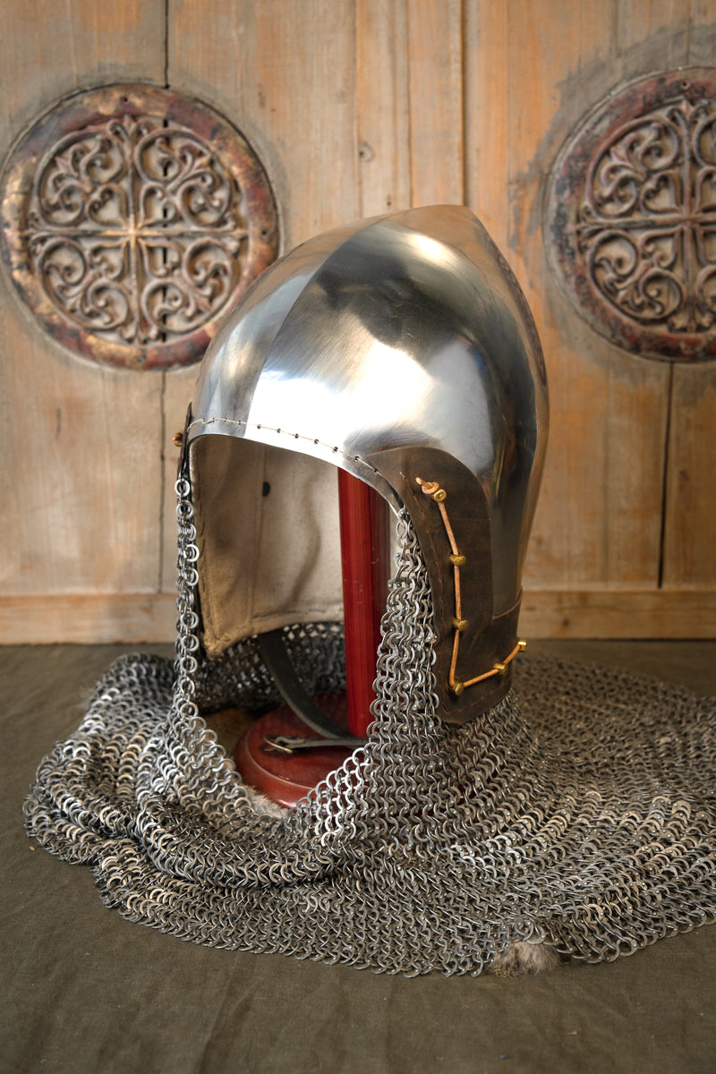 XIV-wieczny basinet z kolczym kapturem, płaskie pierścienie, okrągłe nity, 2 mm (battle-ready)