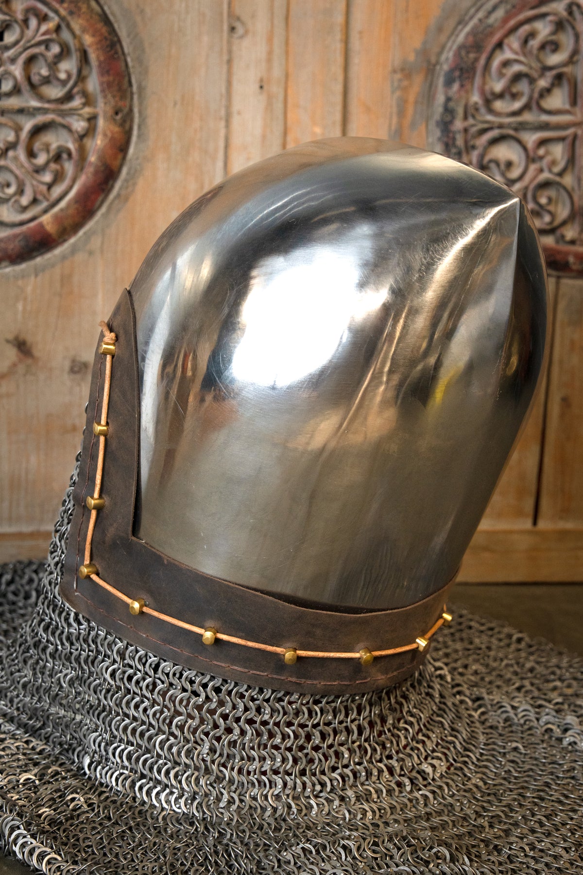 XIV-wieczny basinet z kolczym kapturem, płaskie pierścienie, okrągłe nity, 2 mm (battle-ready)