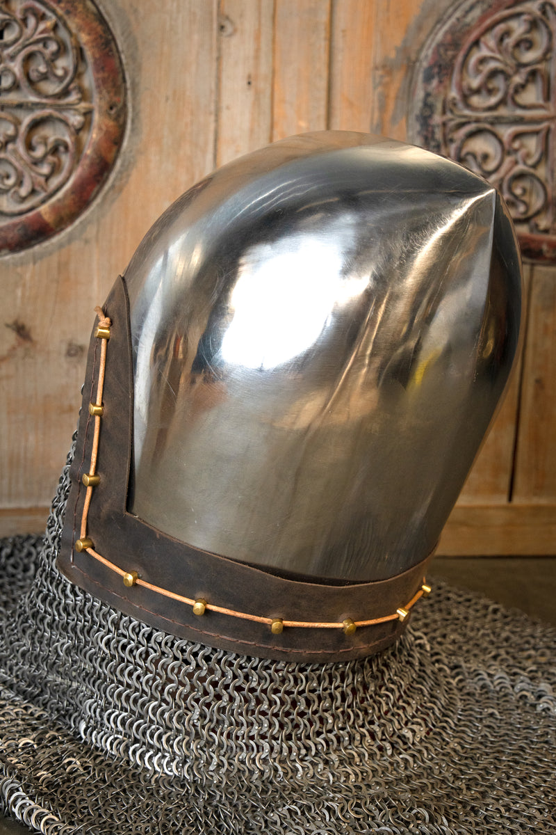 XIV-wieczny basinet z kolczym kapturem, płaskie pierścienie, okrągłe nity, 2 mm (battle-ready)