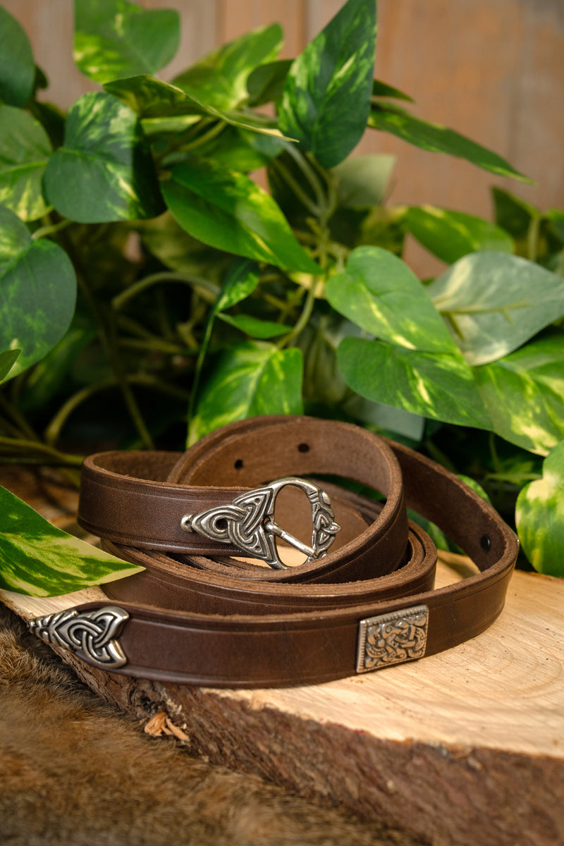 Viking belt, Borre style deluxe, silver-plated, 165 cm, brown