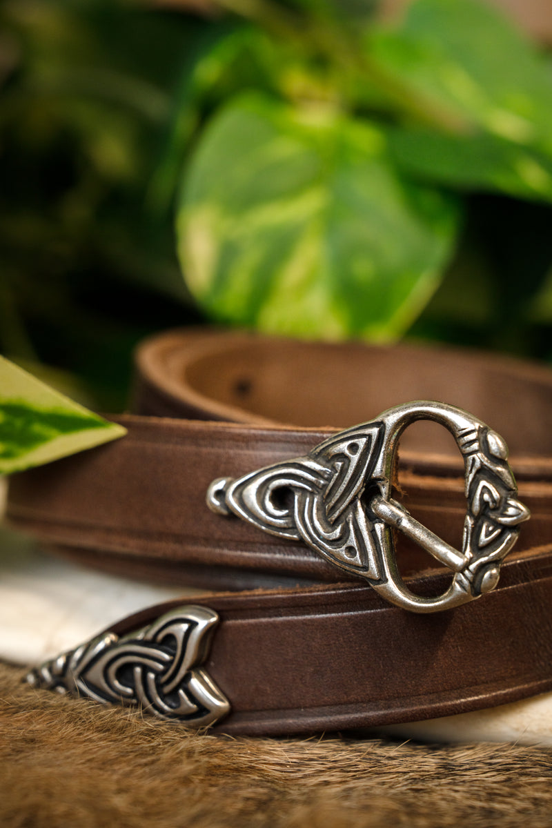 Viking belt, Borre style deluxe, silver-plated, 165 cm, brown