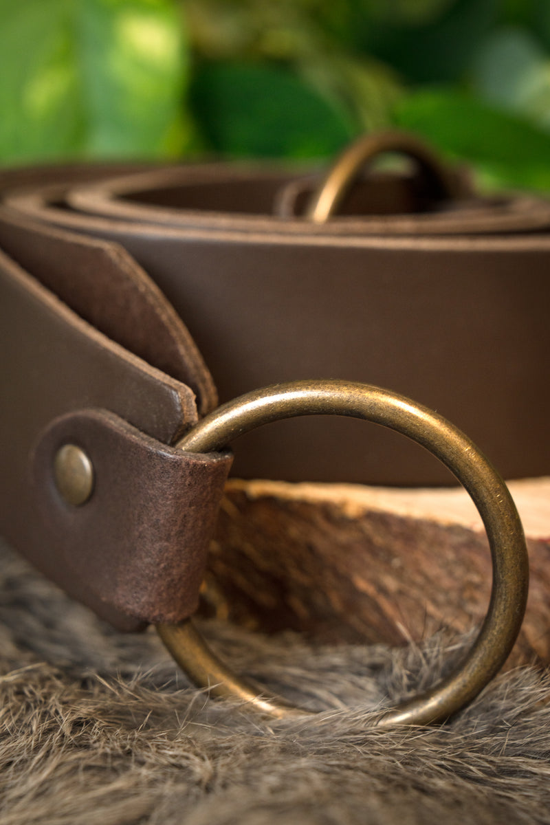 Leather belt with ring buckle, 165 cm, brown
