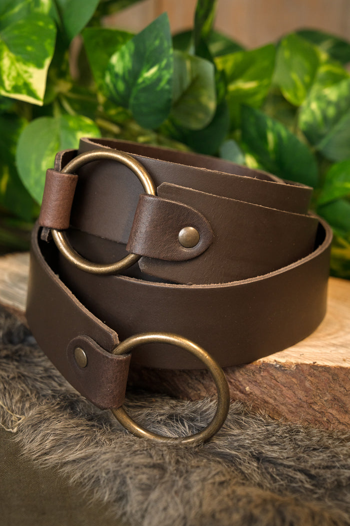 Leather belt with ring buckle, 165 cm, brown