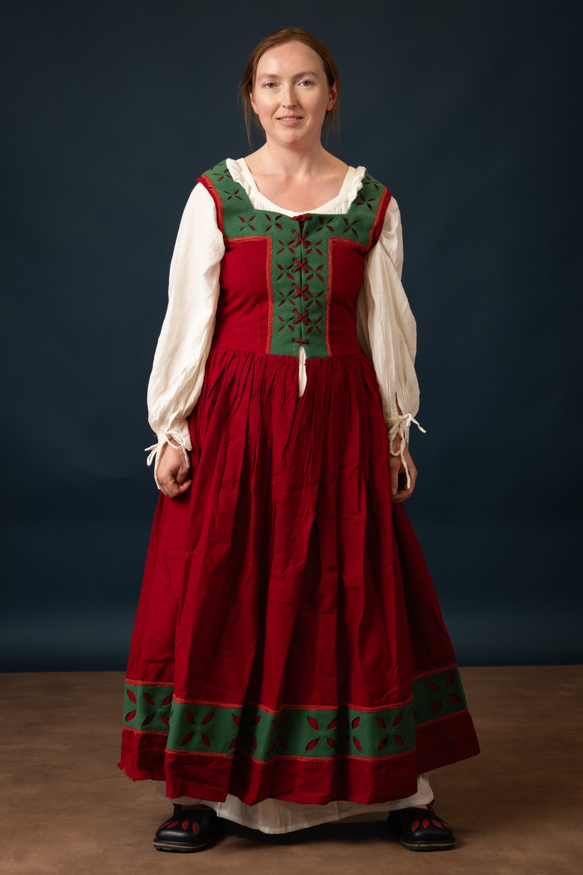 Landsknecht Kampfrau ruha Hannah, kirtle, gyapjú, zöld-piros