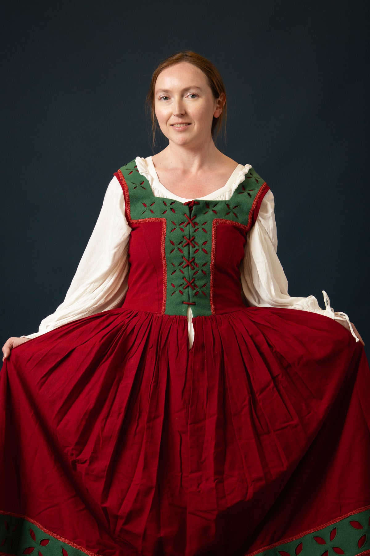 Landsknecht Kampfrau ruha Hannah, kirtle, gyapjú, zöld-piros
