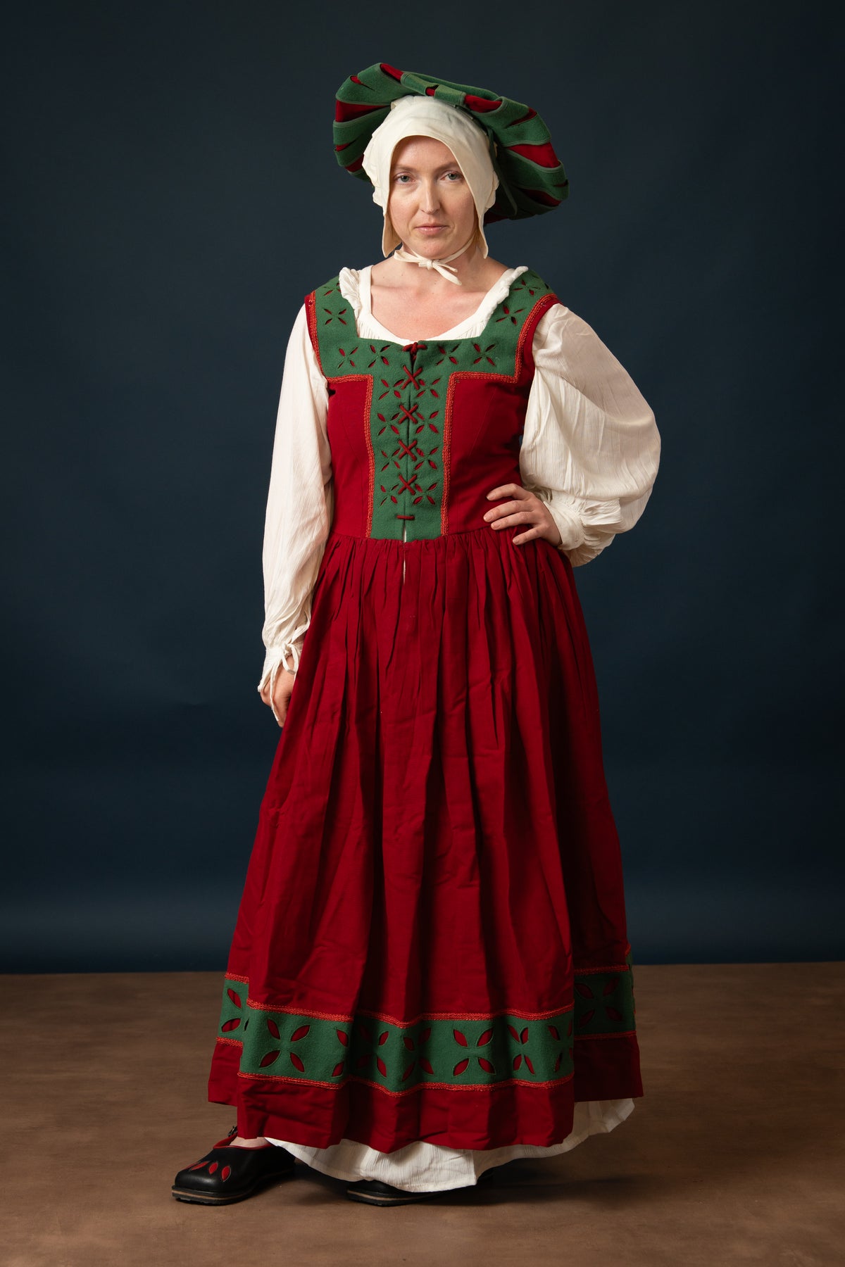 Landsknecht Kampfrau ruha Hannah, kirtle, gyapjú, zöld-piros