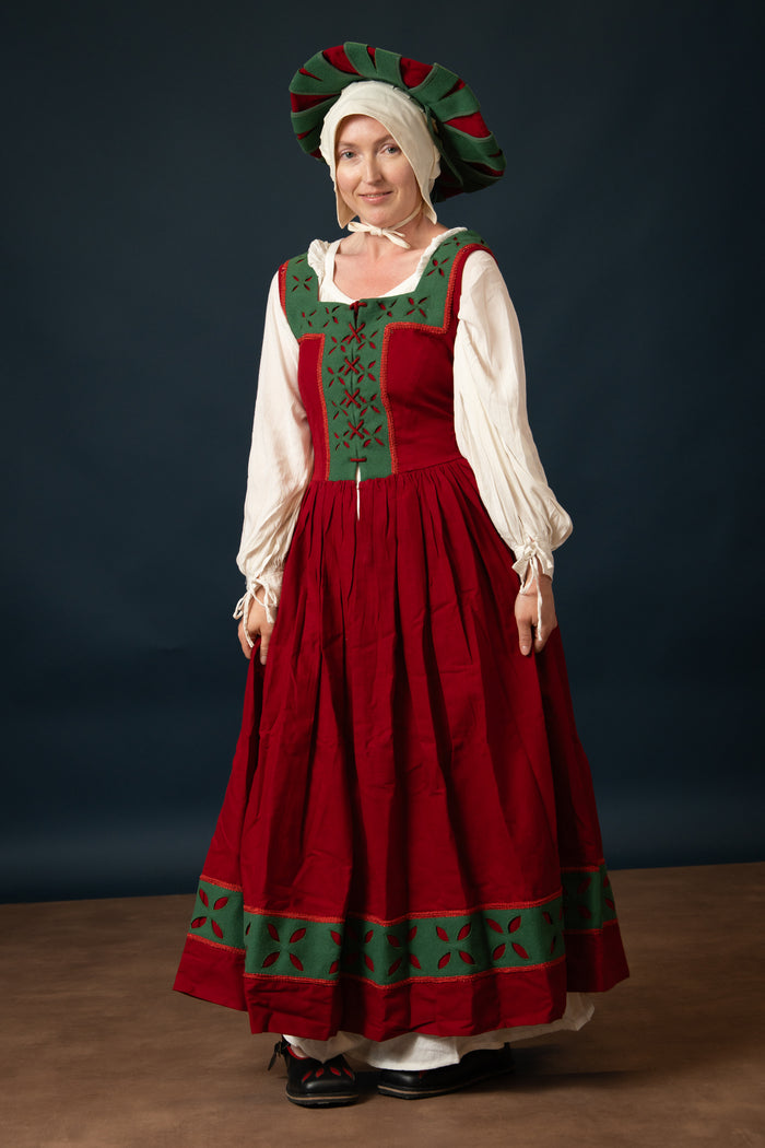 Landsknecht Kampfrau ruha Hannah, kirtle, gyapjú, zöld-piros