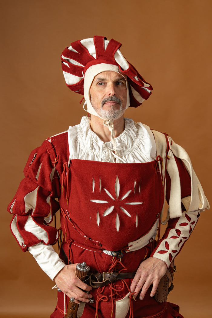 Landsknechthoed, tellerbaret, wol, rood-wit