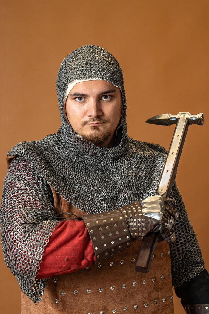 Chainmail coif with square neck, mixed riveted rings, 6 mm