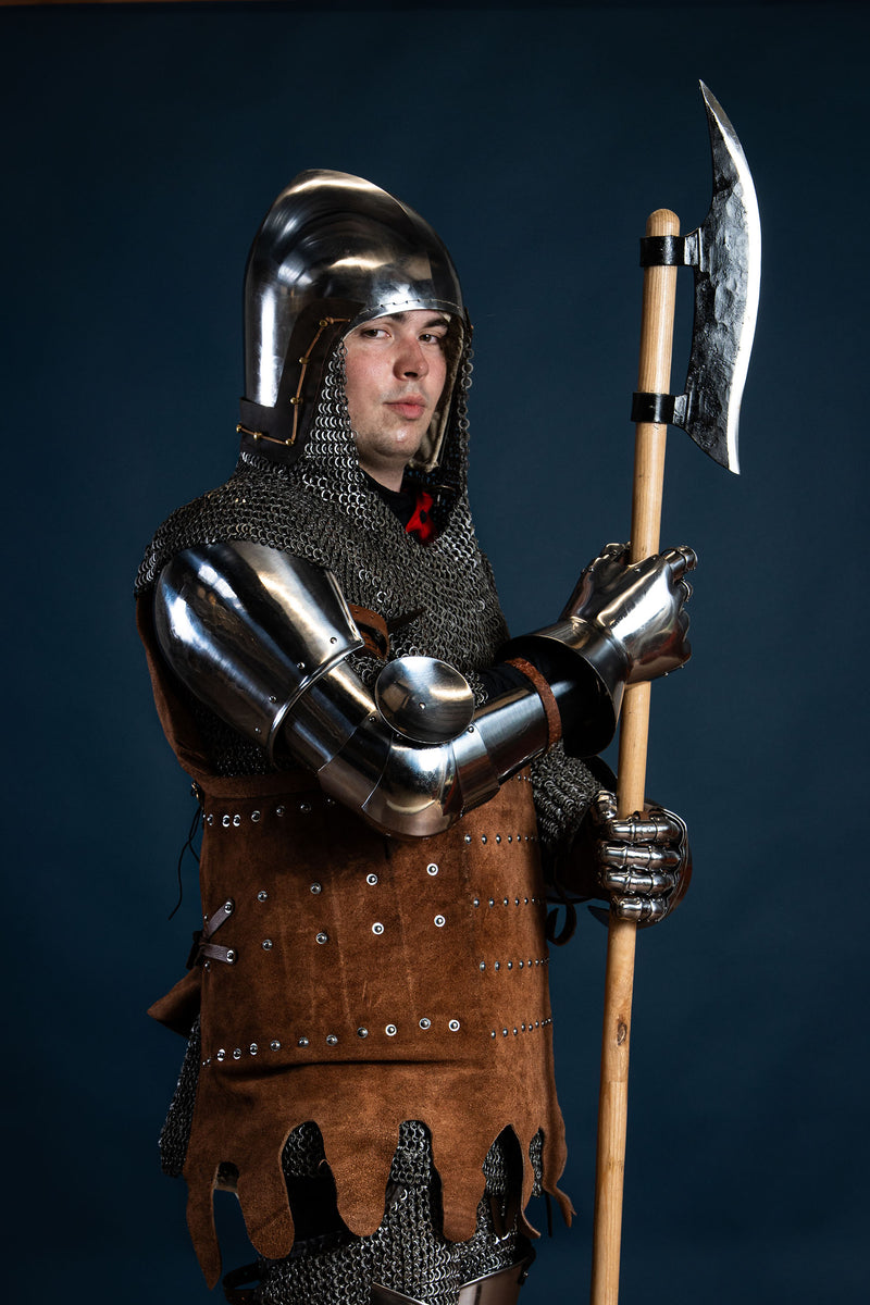 XIV-wieczny basinet z kolczym kapturem, płaskie pierścienie, okrągłe nity, 2 mm (battle-ready)