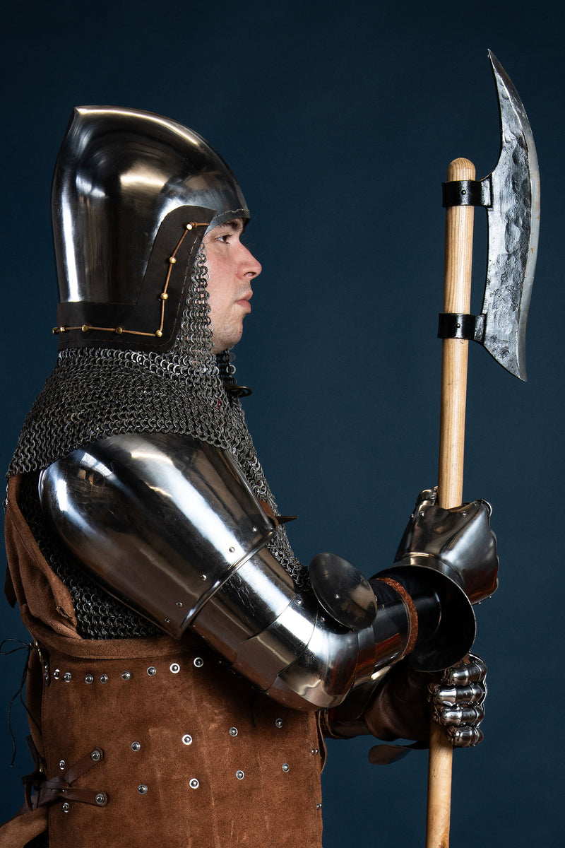 XIV-wieczny basinet z kolczym kapturem, płaskie pierścienie, okrągłe nity, 2 mm (battle-ready)