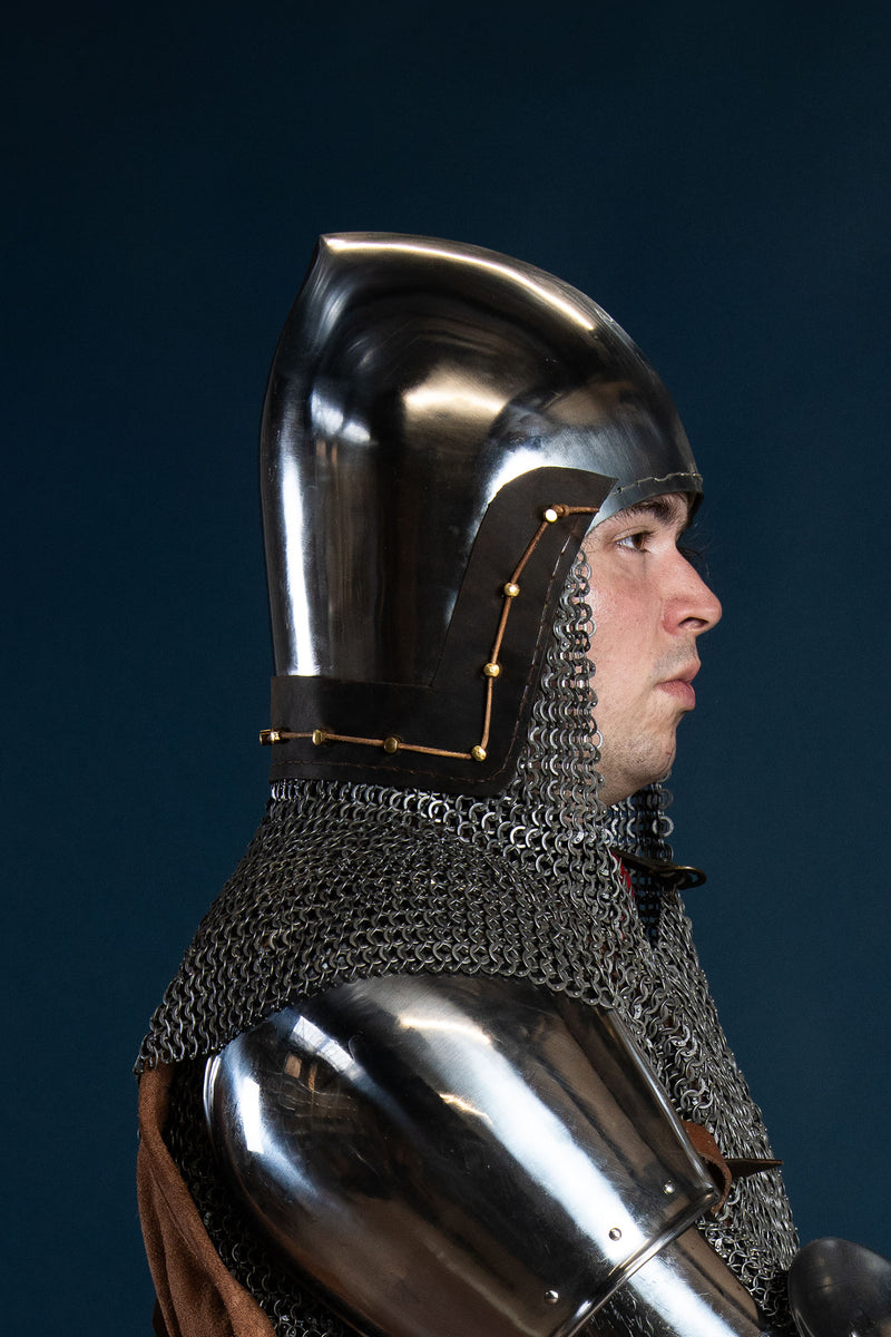 XIV-wieczny basinet z kolczym kapturem, płaskie pierścienie, okrągłe nity, 2 mm (battle-ready)