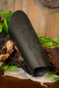Leather bracer with Viking motif L, underarm guard, black